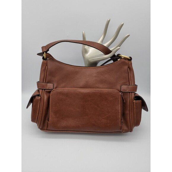 John Romaine Vinyl Brown Purse With Strap Multiple Pockets - Picture 3 of 12